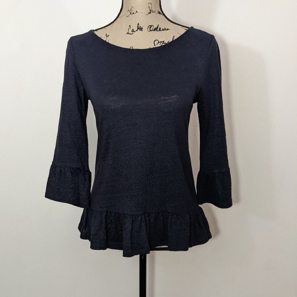 Boden Linen Ruffle Peplum Top Women’s 3/4 Flared Sleeves Boat Neck Navy XS